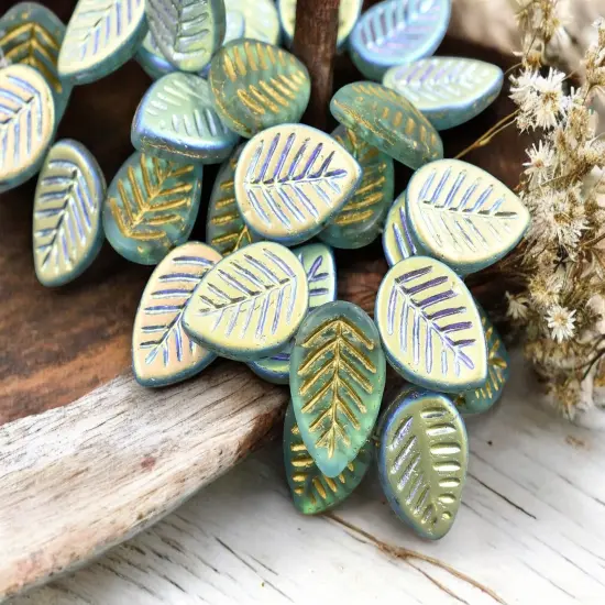 *15* 16x12mm Gold Washed Matte Aqua Blue AB Top Drilled Dogwood Leaf Beads {1}