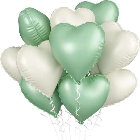 Sage Green White Heart Balloons, 10PCS Green Beige Foil Heart Balloons, 18inch Olive Green Cream White Heart Shape Balloons for Neutral Jungle Birthday Baby Shower Valentines Wedding Party Decorations {1}