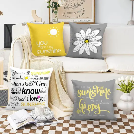 Set of 4 Throw Pillow Covers You are My Sunshine Yellow Gray with Words Decorative Pillow Cases Home Decor Square 18x18 Inches Pillowcases {2}