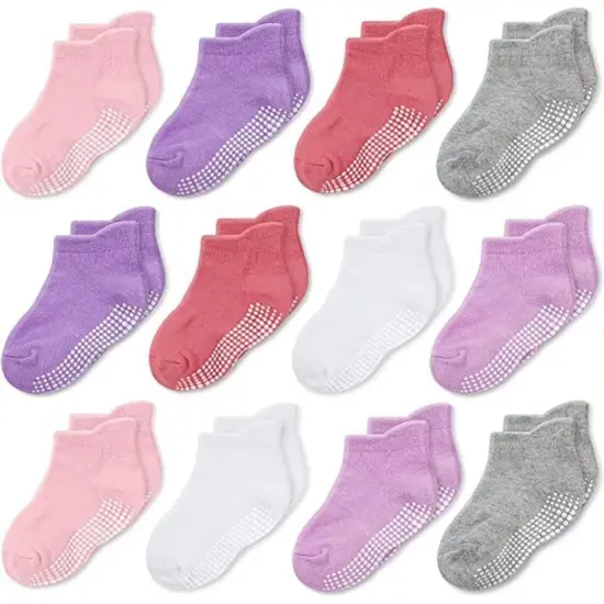 CozyWay Baby Girl Socks With Grippers - Non Slip Ankle Grip Socks for Girls Babies Infants - Soft Comfy Cotton - For Ages 1-11 Months - Multi Color Pink - 12 Pack Multicolor {1}