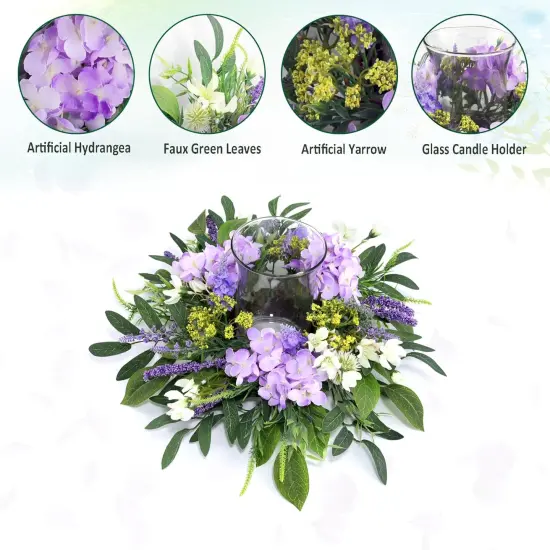 Hydrangea Floral Candle Holder Centerpiece &ndash; Artificial Silk Flowers with Glass Votive for Dining Table, Coffee Table, Fireplace Mantel, Wedding & Party Decor, Spring & Summer Home Decoration {3}