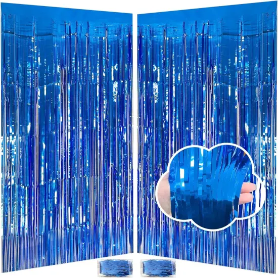Blue Streamers Party Decorations 3.3x8.2ft, 2 Pack Dark Blue Tinsel Backdrop for Ocean Themed Party Decor, Glitter Blue Foil Fringe Curtains for Door Decorations Hanging Birthday Baby Shower Halloween {1}