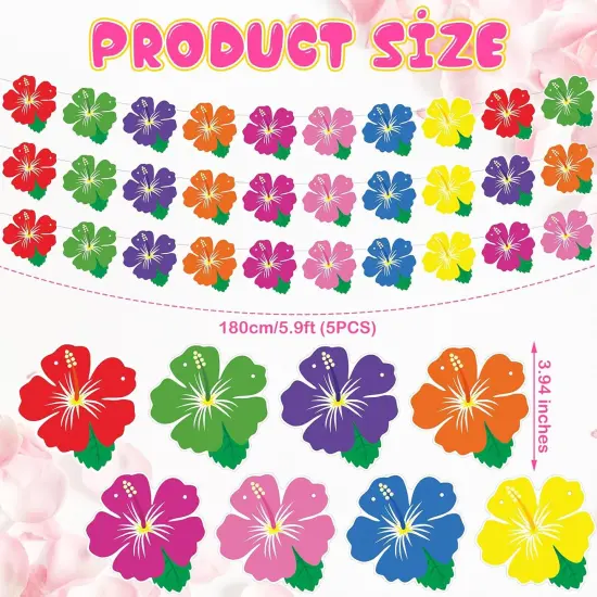 5 Pack Summer Hawaiian Tropical Garland Luau Hibiscus Flower Lei Garland Banners Multicolor Aloha Hanging Lei Hawaiian Tropical Cutouts Banners for Summer Beach Pool Birthday Party {2}