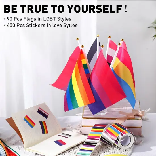90 Pack Rainbow Pride Flags and 450 Pcs Pride Stickers Mini LGBTQ Flag Gay Pride Stickers Small Hand Held Bisexual Pansexual Lesbian Transgender Flags (Simple Style) {4}