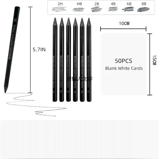 Woodless Graphite Drawing Pencils Set,6 Black Lead Pre-Sharpened 2H HB, 2B, 4B, 6B 8B Degrees Coloring Pencils, 50PK Blank Watercolor Card for Sketching,Writing,Shading {2}