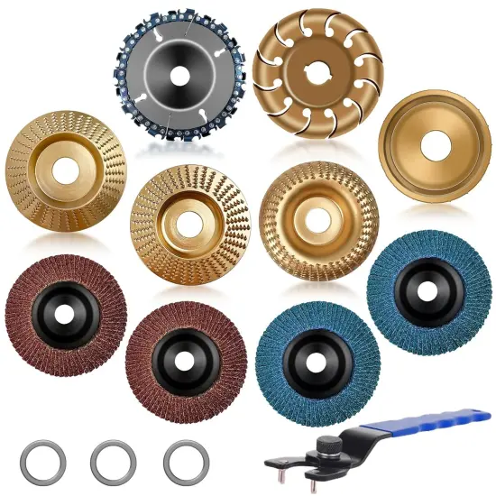 11PCS Wood Carving Disc Set for 4" or 4 1/2" Angle Grinder, Stump Tool Grinding Wheel Disc with 5/8" Adapter Ring, Woodworking Grinder Attachment for Cutting Shaping Carving Sanding Polishing {1}