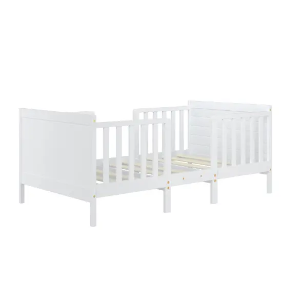 Rubber Wood 2-in-1 Convertible Kids Bed with Guardrails and Chairs White {6}