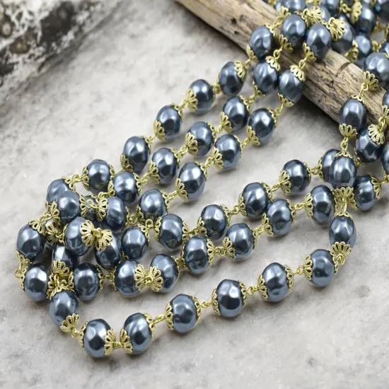 10mm Czech Glass Blue Pearl Chain w/Gold Caps {1}