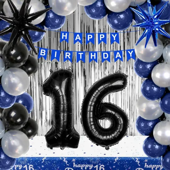 16th Birthday Decorations for Boys and Girls, Blue and Silver 16th Birthday Party Decorations, HAPPY BIRTHDAY Banner Black Number 16 Balloons Garland 16 Years Old Bday Party Supplies with Tablecloth {1}