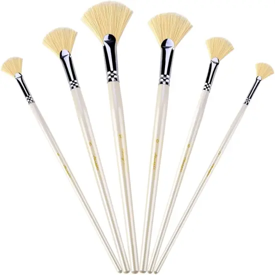 Fan Brush Set - Hog Bristle Natural Hair - Artist Soft Anti-Shedding Paint Brushes for Acrylic Watercolor Oil Painting, Long Wood Handle with Case, Set of 6 {2}
