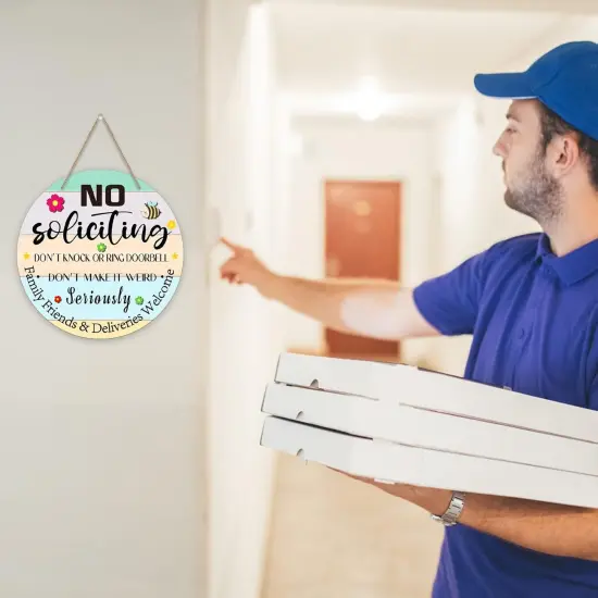 Funny No Soliciting Sign for House, 11.3" Farmhouse Family Friends & Deliveries Welcome Sign for Home Front Door Wreath Wall Decorations, No Soliciting Sign for Home Door Decor {3}