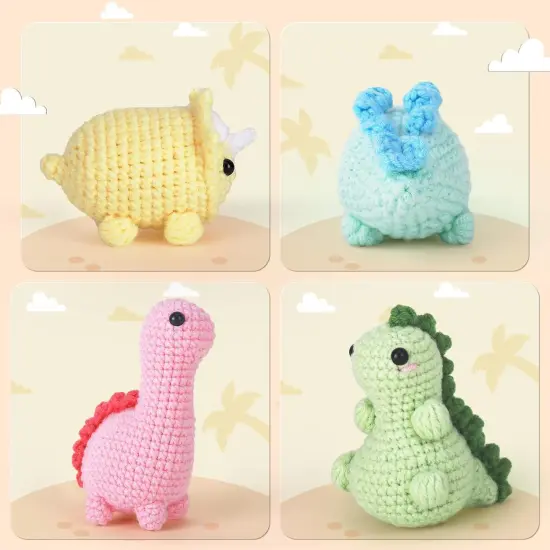 Crochet Kit for Beginners, Beginner Crochet Kit for Adults with Step-by-Step Video Tutorials, DIY Crochet Animal Kits Kids Knitting Supplies, 4 Pack Dinosaurs (40%+ Yarn) {5}