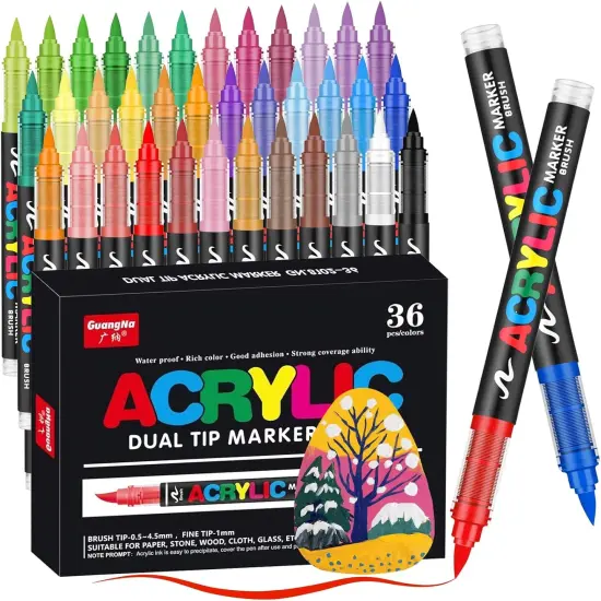 Acrylic Paint Markers Pens, 36 Colors Waterproof & Long-Lasting Ink, Brush Tip Acrylic Markers for Wood, Rock Painting, Glass, Canvas, Ceramic, Fabric, Plastic Art Crafts Supplies Kids Adult {1}