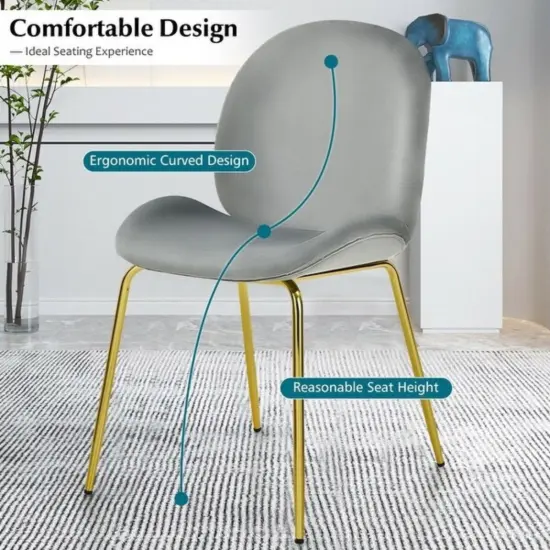 Set of 2 Velvet Accent Chairs with Gold Metal Legs and Ergonomic U Shaped Seat Gray {6}