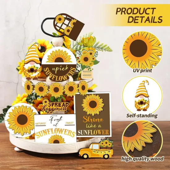 12 Pcs Sunflower Tiered Tray Decor Set Summer Kitchen Decor Tiered Tray Rustic Farmhouse Tier Tray Decor Items Sunflower Gnome Wooden Signs for Sunflower Party Decor Summer Home Decoration {3}