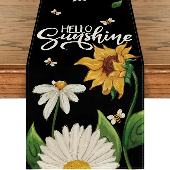 Black Sunflowers Daisy Bees Summer Table Runner, Seasonal Spring Kitchen Dining Table Decoration for Home Party Decor 13x72 Inch {1}