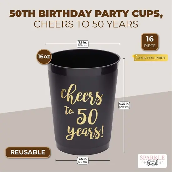 16 Pack Cheers to 50 Years Plastic Party Cups - 50th Birthday Decorations for Men and Women, Anniversaries (Black, 16 oz) {2}