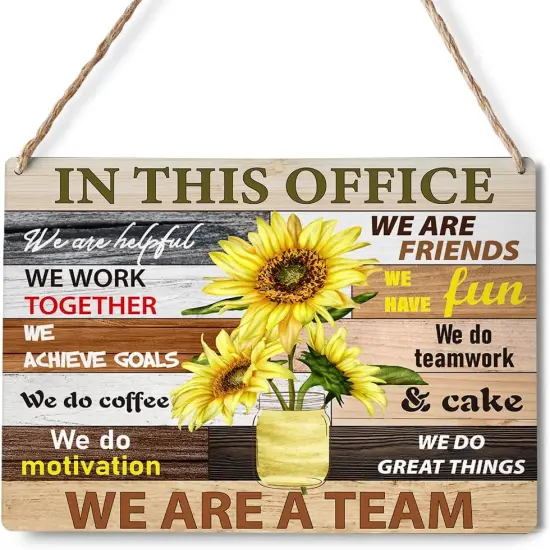 Inspirational Summer Sunflower Signs Wall Decor Teamwork Quotes Sunflower Rustic in This Office We are Friends,We are a Team Wood Plaque Wooden Hanging Sign Decoration for Home Office Door 8 x 10 {1}