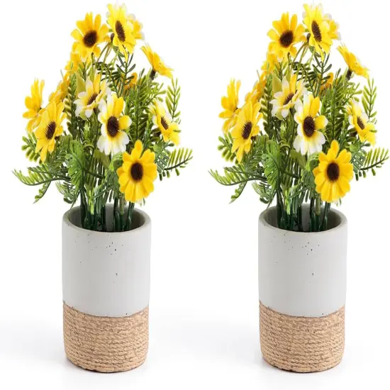 Artificial Flowers, Sunflower with Cement Pot Artificial Daisies Bouquet Fake Plant Bonsai for Home Office Wedding Decoration, Table Centerpieces Arrangement, Bathroom Shelf Decor, Yellow Daisy {1}