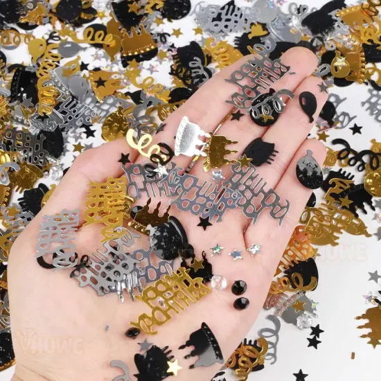 Happy Birthday Confetti, 1.6 oz Black Gold Silver Cake Balloon Star Goblet Bottle Glitter Confetti for Happy Birthday Party Decorations Boys Girls Kids Women Men Birthday Table Decorations {3}