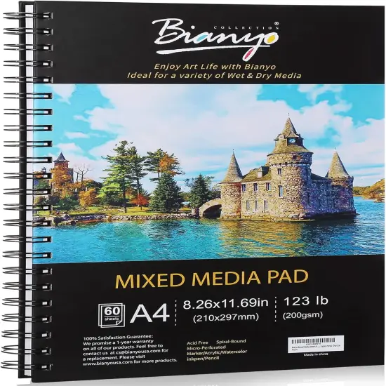 Sketchbook, A4 (8.26" X 11.69"), 60 Sheets/Each, 123 LB/200 GSM, Pack of 1 Pad, Spiral-Bound Pad, Ideal for Wet & Dry Media Like Art Marker, Watercolor, Acrylic, Pastel, Pencil {1}