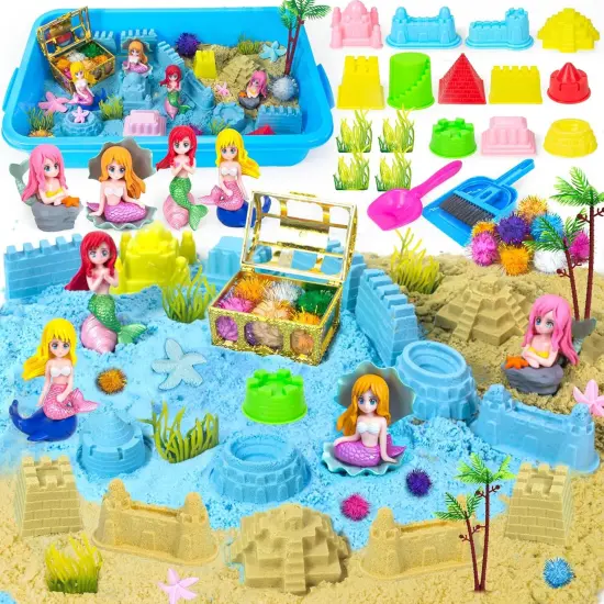 Summer Mermaid Sensory Bin Sandbox Toys for Toddlers Girls Kids- Mermaid Toys for Kids Play Sand Kit Sensory Sand Bin Toys with 2.2 lbs Sand & Castle Mold,Great Christmas Birthday Gift for Girl Kids {1}