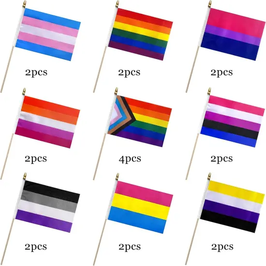 Progress Rainbow Gay Pride Flags Set on Wood Stick Small Mini Hand Held LGBTQ Inlcusive Flags,5x8 Inch,20 Pack {5}