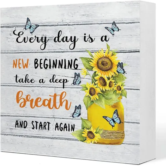 Everyday Is A New Beginning Farmhouse Sunflowers Wooden Sign Desk Decor,Inspirational Wood Block Sign Desk Decorations for Home Bedroom Dorm Office Desk Shelf Table Decor {1}