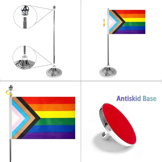 2 Pack Progress Pride Rainbow Desk Flag Small Mini Gay LGBT Table Flags With Stand Base,Rainbow Mardi Gras Festival Events Celebration Decorations {3}