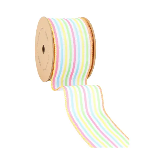 Wired Ribbon | White w/ Pastel Stripe | 10 Yard Roll {5}