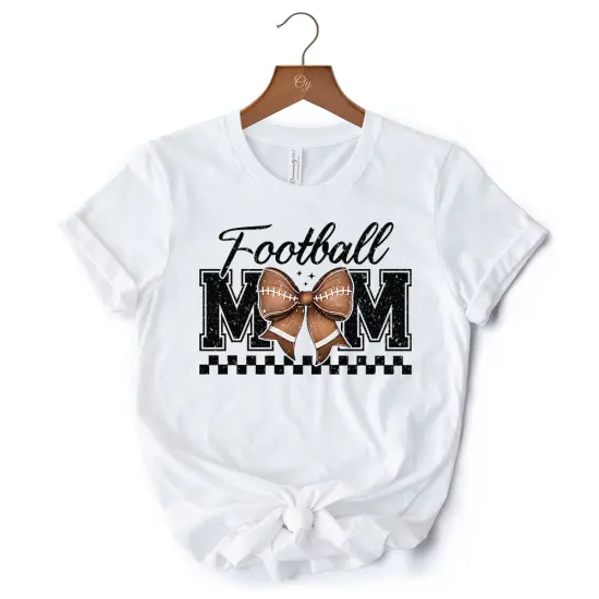 Football Mom Coquette Bow Retro T-Shirt, Stylish Game Day White Tee for Trendy and Proud Sports Mothers {7}