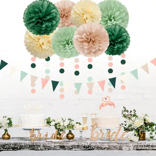 Olive-Sage Green Champagne-Gold Party Decorations - 23pcs Rustic Wedding Tissue Pom Poms Streamers, Boho Bachelorette Neutral Baby Shower Birthday Bridal Decor Ouruola {2}