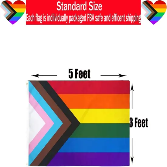 Progress Pride Rainbow Flag 3x5 Outdoor-LGBTQ Gay Lesbian Bisexual Non Binary Transgender All Inlcusive Progressive Pride Rainbow Flag Vivid Color 100D Heavy Duty Polyester Flags with 2 Brass Grommets {2}
