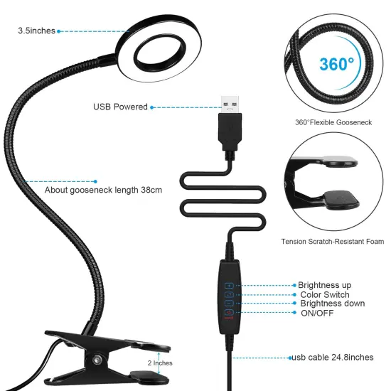 2 Pack LED Clip on Lamp Book Light for Kids Reading in Bed, 3 Color Modes with 10 Levels Brightness Flexible Gooseneck Clamp for Bed Headboard Video, Craft, Make up, Study {6}