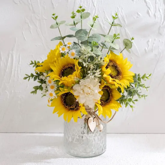 Silk Artificial Sunflower and White Dahlia Arrangement in Vase Suitable for Home Spring Decor Centerpiece {2}