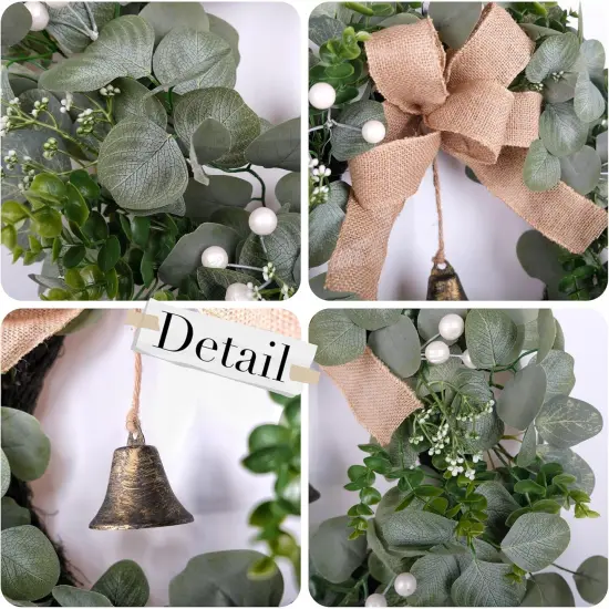 24" Eucalyptus Front Door Wreath with Burlap Bow Metal Bell for Summer Wreath Green Decor for Home Farmhouse {2}
