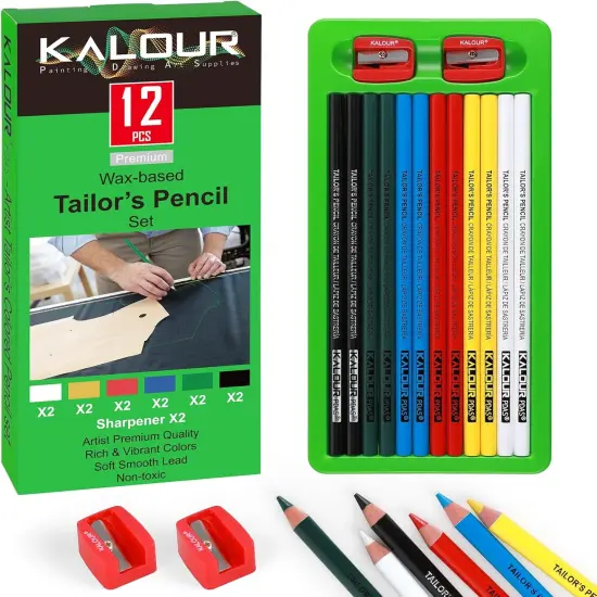 12 PCS Tailors Pencil Set, Sewing Fabric Pencils and Fabric Marker Pens for Quilting, Sewing, Dressmaking Supplies, Water-Soluble, 6 Colors, Includes 2 Sharpeners {1}