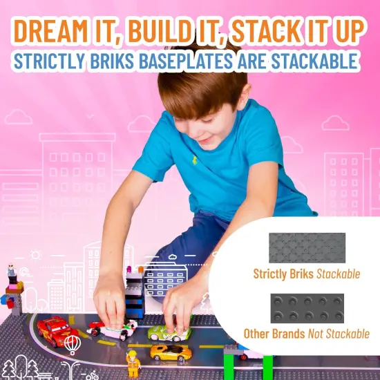 Strictly Briks Building Blocks Road Plates 10" x 10", 8 Pack Kids Brick Baseplates for City Road, Street, Race Track, Compatible with All Major Brands Classic Size (4 Straight & 4 Curved), Ages 3-14 Grey {5}