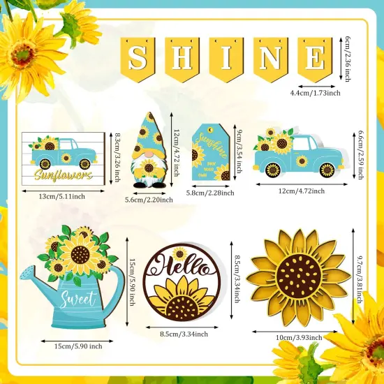 12 Pcs Sunflower Tiered Tray Decor Wooden Summer Tiered Tray Items Truck Gnomes Trays Signs Spring Summer Fall Tabletop Signs for Home Farmhouse Rustic Kitchen Decorations (Sunflower) {5}