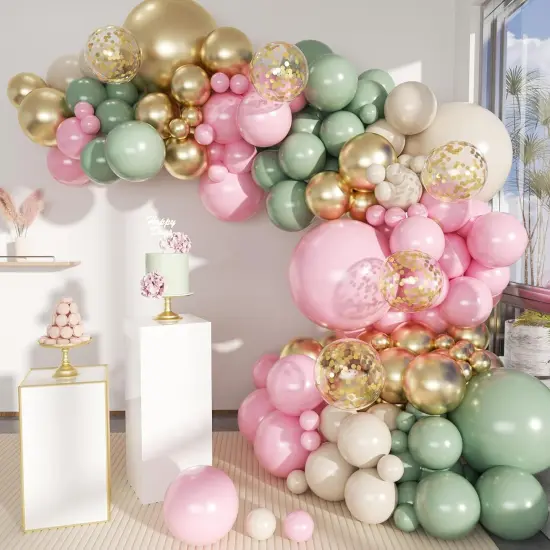 Sage Green Pink Gold Balloon Arch Kit, 141Pcs Sage Green Pastel Pink Chrome Gold Sand White Latex Balloons for Birthday Wedding Baby Shower Gender Reveal Anniversary {1}
