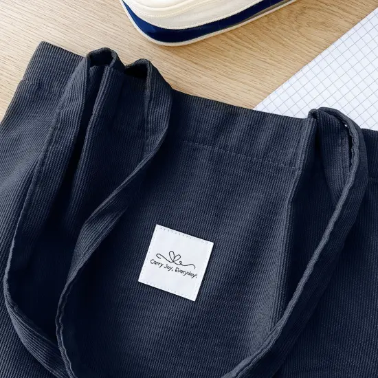 Wrapables Corduroy Tote Bag, Casual Everyday Shoulder Handbag, Navy {3}