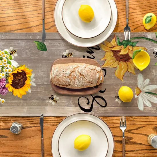 Wood Sunflowers Daisy Bees Summer Table Runner, Seasonal Spring Kitchen Dining Table Decoration for Home Party Decor 13x72 Inch {3}