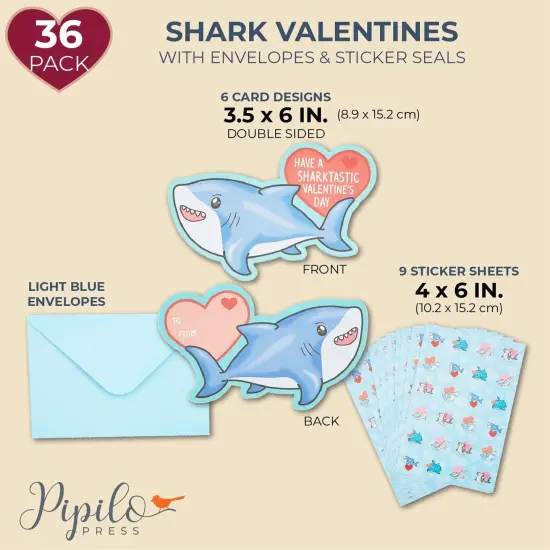 Pipilo Press 36 Pack Cute Shark Animal Valentine's Cards with Envelope, 6 Assorted Heart Designs with 9 Sheets Stickers, Kids Blank Notecards for Classroom Exchange Gift (3.5 x 6 Inch) Blue {2}