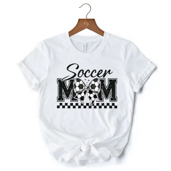 Soccer Mom Coquette Bow Retro T-Shirt, Stylish Game Day White Tee for Trendy and Proud Sports Mothers {7}