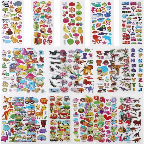 Puffy Stickers for Kids Toddlers, Small 3D Sticker Variety Pack, Kid Stickers Sheets Bulk, Mini Party Favor for Kids Boy (Dinosaur Car Animal Dog Flower Heart Number Food Truck) 24 Sheets {2}