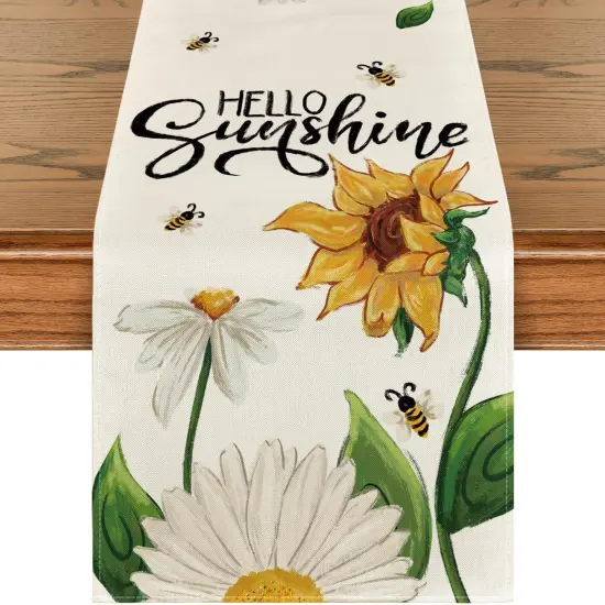 Beige Sunflowers Daisy Bees Summer Table Runner, Seasonal Spring Kitchen Dining Table Decoration for Home Party Decor 13x72 Inch {1}
