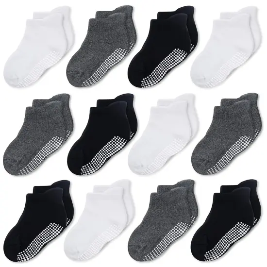CozyWay Baby Socks With Grippers - Non Slip Ankle Grip Socks for Girls Boys Babies Infants - Soft Comfy Cotton - For Ages 1-11 Months - Unisex Black, White, Dark Gray - 12 Pack Multicolor {1}