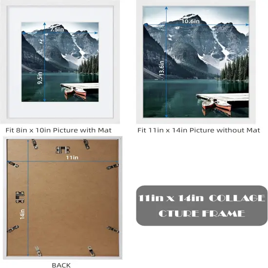 11x14 Picture Frames set of 3, Made of Glass and White Wooden Photo frame - Displays 8x10 Picture with Mat or 11 x 14 Poster without Mat, Wall Collage Frame set {2}