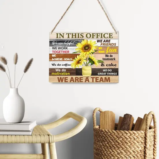 Inspirational Summer Sunflower Signs Wall Decor Teamwork Quotes Sunflower Rustic in This Office We are Friends,We are a Team Wood Plaque Wooden Hanging Sign Decoration for Home Office Door 8 x 10 {4}
