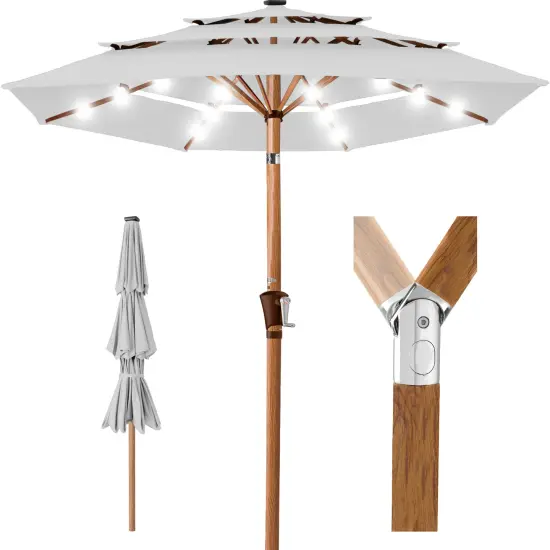 Best Choice Products Woodgrain Pattern 10ft 3-Tier Solar Patio Umbrella w/ 24 LED Lights, Tilt Fog Gray {1}